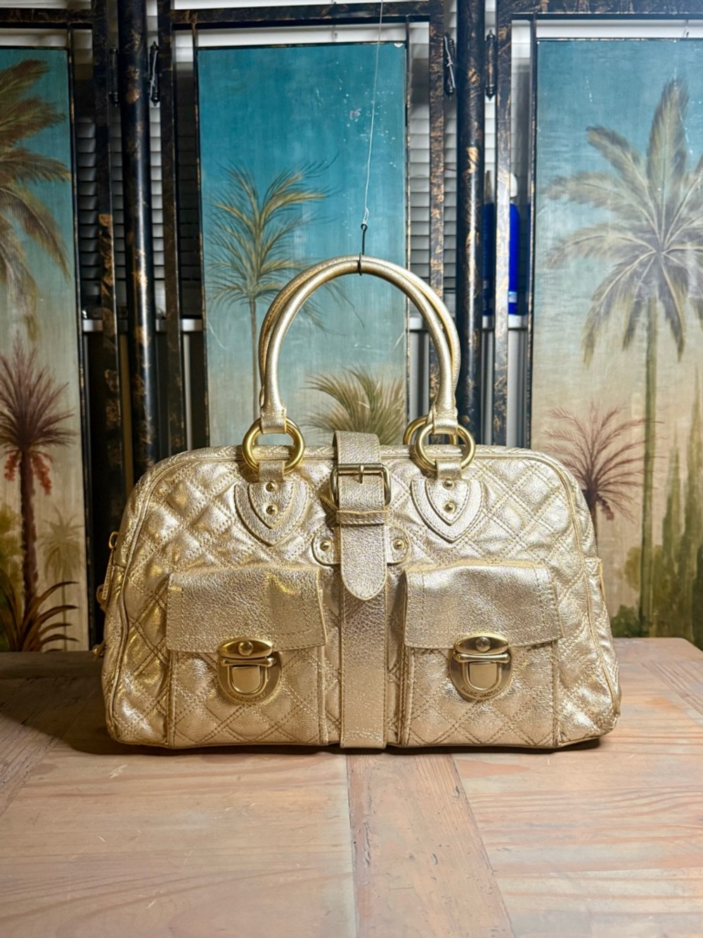 Marc Jacobs Metallic Gold Quilted Leather Satchel Handle Bag
